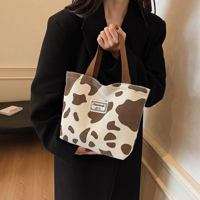 Fashion Large Capacity Cow Print Corduroy Tote Bag for Women Reusable Cute Commuter Shoulder Bag with Zipper, Foldable Shopping Bag