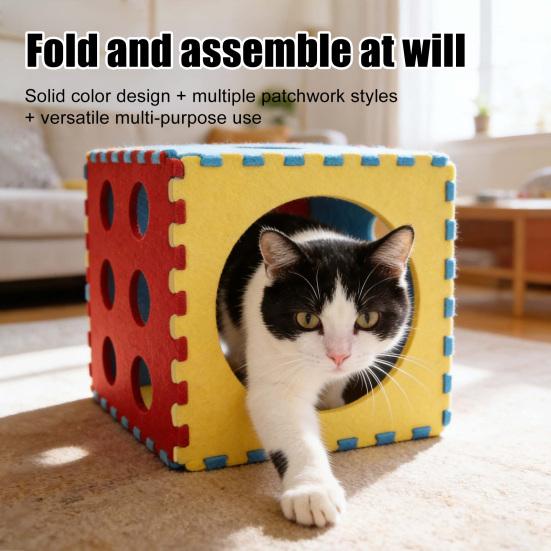 Cat Tunnel Felt Cube Tunnel Toy Kitten Play Tube Cat Hideaway Cave with Interactive Peek Hole for Indoor Cats Assembly Required