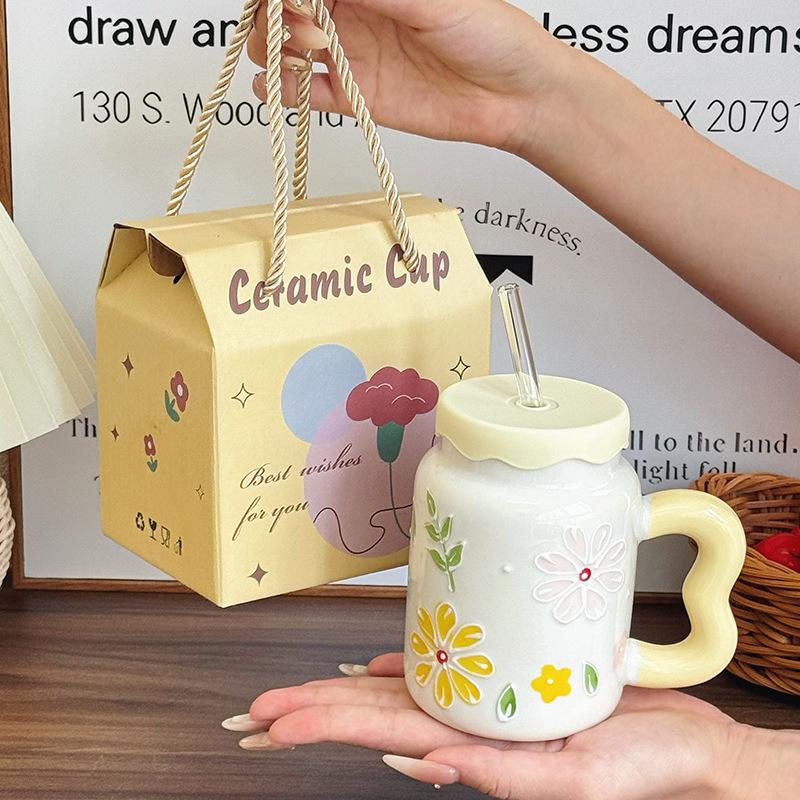 Birthday Gift for Best Friend Retro Flower Cup for Boys and Girls High End Ceramic Mug Souvenir Gift Box