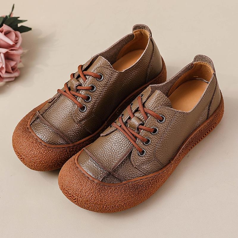 Fashion New Retro Anti Collision Oxfords Flats Women's Genuine Leather Walking Shoes Woman Laced Up Non Slip Soft Casual Moccasins Nurse