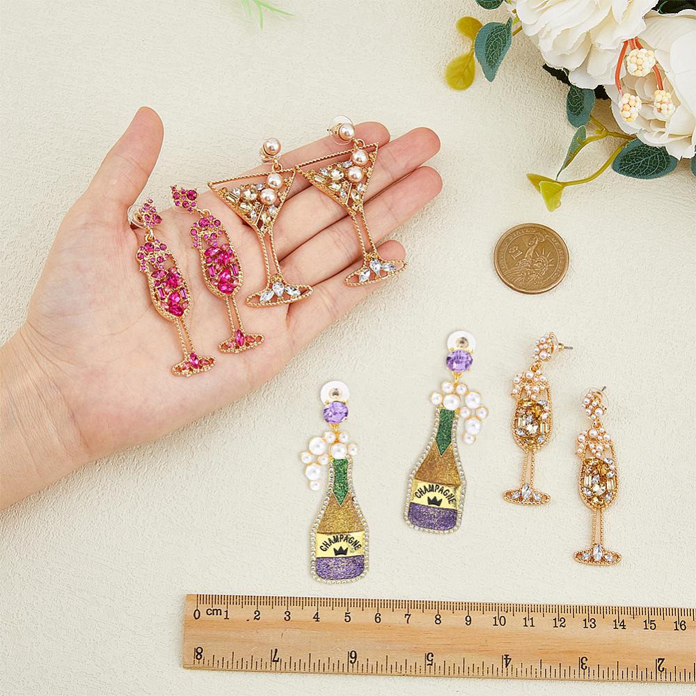 4 Pairs 4 Styles Rhinestone & Plastic Pearl Glass Wine Glass Dangle Stud Earrings, Alloy Long Drop Earrings, Golden, 58~68x14.5~31.5mm, 1 Pair/style