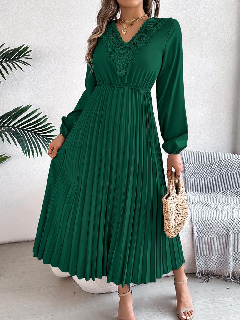 Dames Elegante Europese Stijl V-hals Kant Hoge Taille Lange Mouwen Geplooide Maxi Jurk