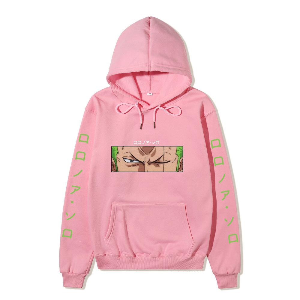 One Piece Roronoa Zoro Hoodie, Double Side Sleeve Japanese Text Printed Pullover Hooded Sweatshirt Anime Long Sleeve Streetwear Hoodie
