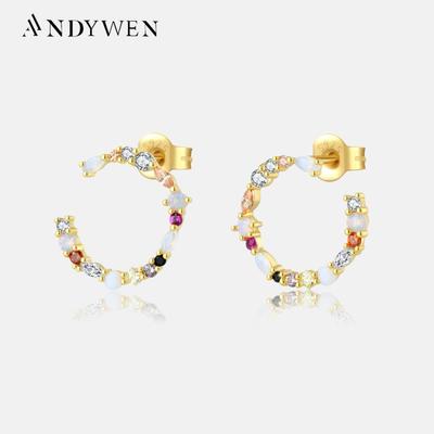 925 Sterling Silver Gold Rainbow Circle Stud Earring Piercing Women Rainbow CZ Jewelry Fine Crystal Colorful Wedding