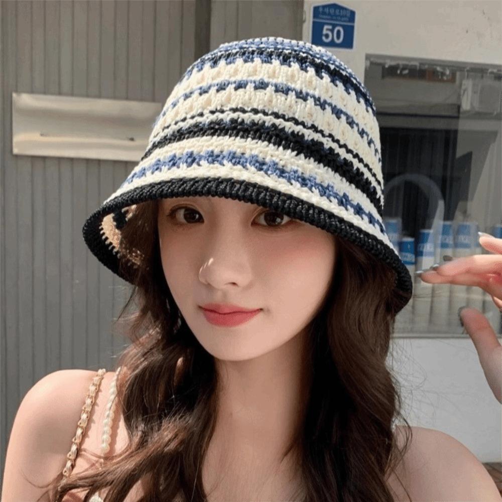 Stripe Knitted Bucket Hat Temperament Sun Protection Cap Fashion Fisherman Hat  Women
