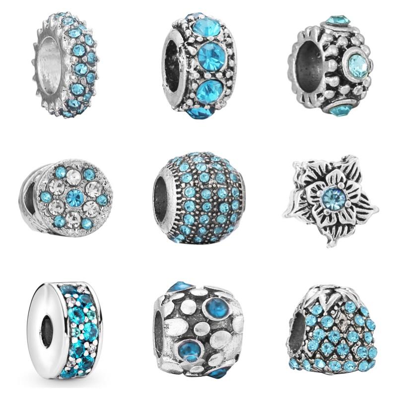 New Silver Plated Blue Diamond Alloy Large Hole Charm Beads For DIY Bracelet Necklace Jewelry Accessories Gifts
