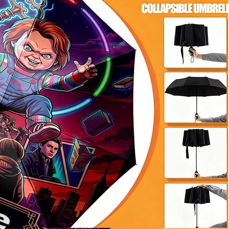 Custom Name Personalized Horror Theme Chucky Print Umbrella, Auto Open Close, 8‑Rib Sturdy Frame, Commute Camping Hiking Use, Birthday Gift