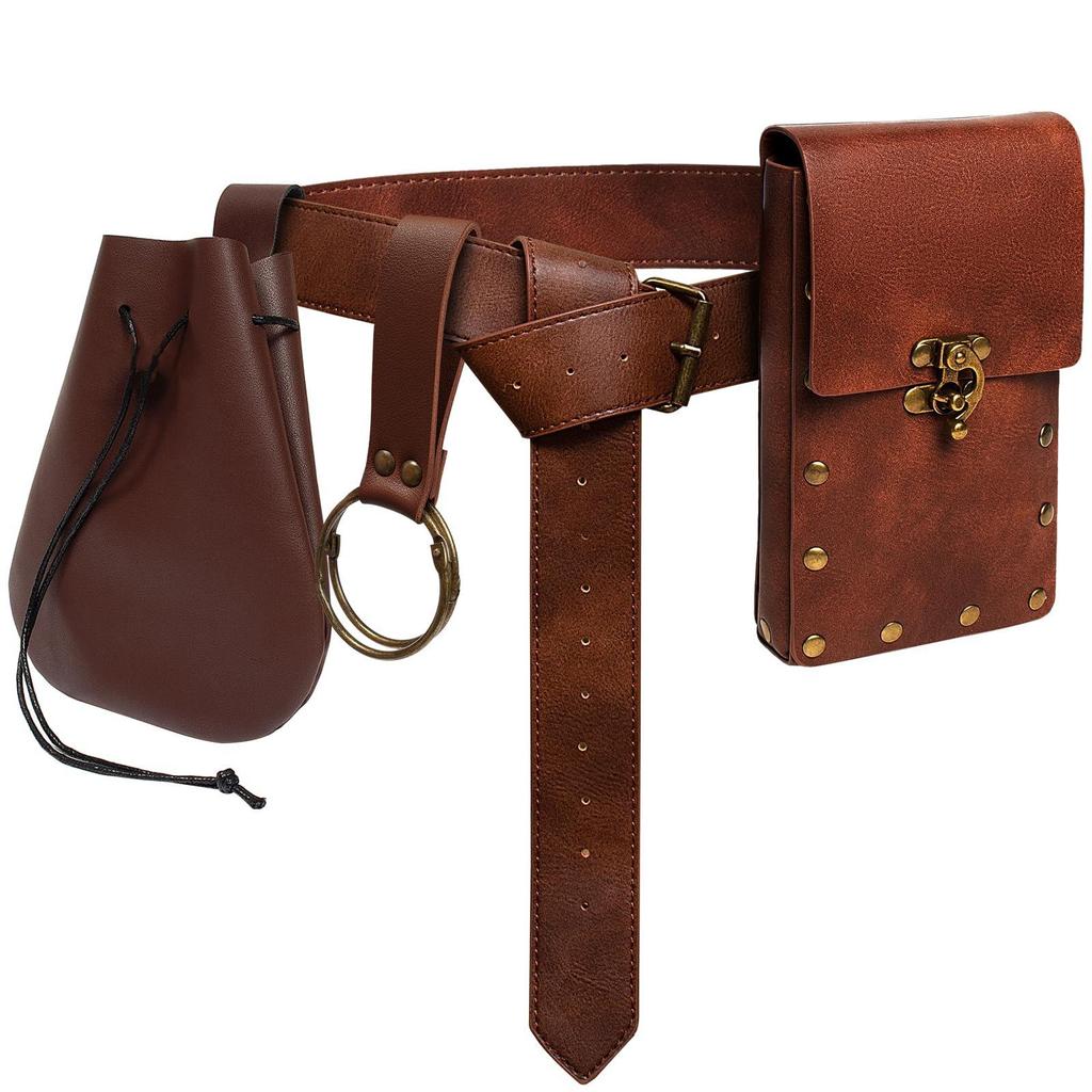 Medieval Leather Waistband Belt with Cord and Pouch