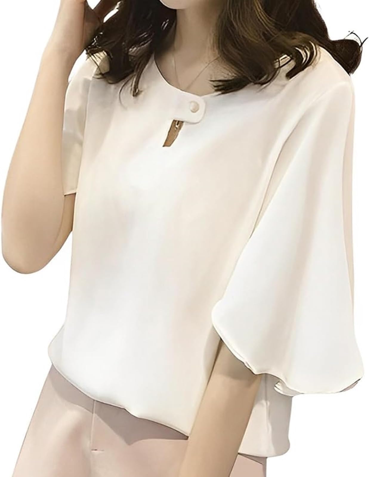 

Chiffon Tunic Solid Short Ruffled Office Dress [1/2style] [Nibunnoichi Style] Women s Blouse, Color, Sleeves, 3/4 Sleeves, Sleeves, Wear, Soft, белый