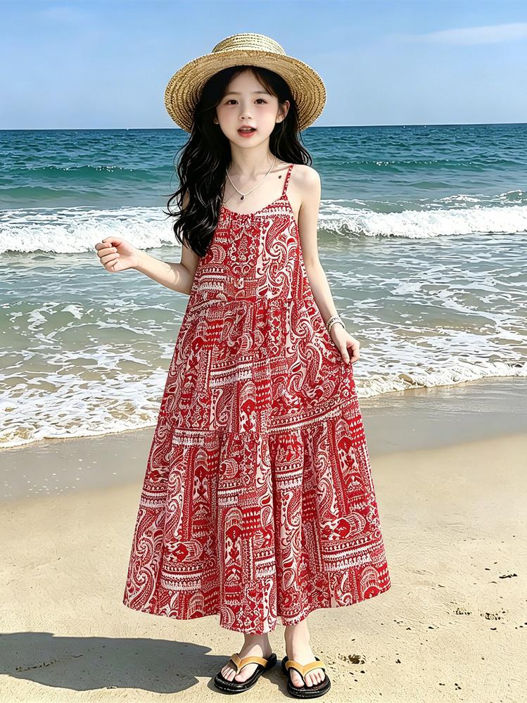 French Luxury Vacation Style Camisole Dress for Teenagers, Bohemian Floral Beach Casual Long Dress