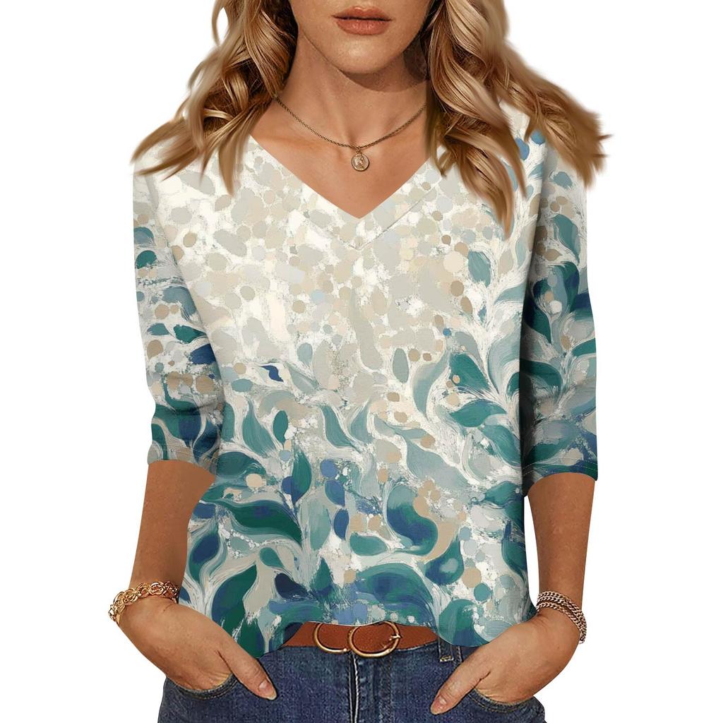 Women's Tops Three-quarter Sleeve Shirt V-neck Loose Casual Shirt Print T-shirt