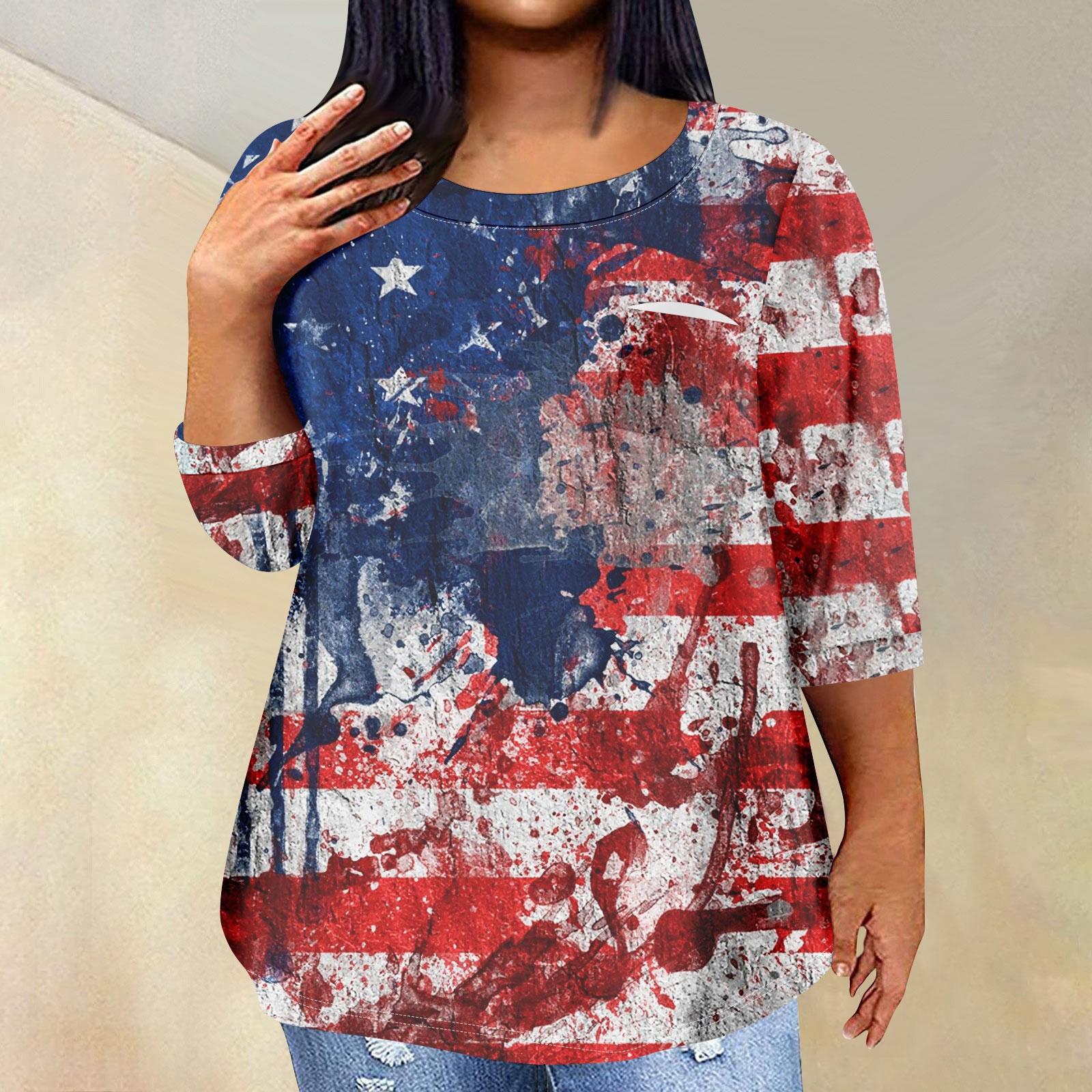 

Women s Fashionable Casual Three Quarter Sleeve Independence Day Printed Round Neck Pullover Pocket T-Shirt Top XXXXL винний