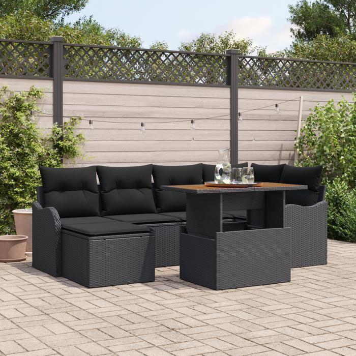 Ensemble de 7 Pièces de Canapé de Jardin avec Coussins Noir Rattan Poly Acacia, Canapé de Jardin 2 Places avec Coussins Noir 3349484