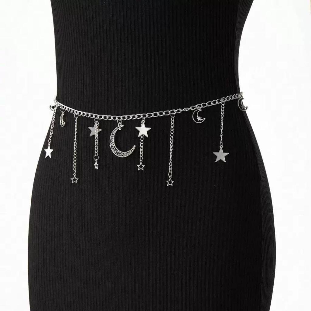 Cintura a Catena con Frange Luna e Stelle Retro per Donna - Ornamento Metallico Massiccio