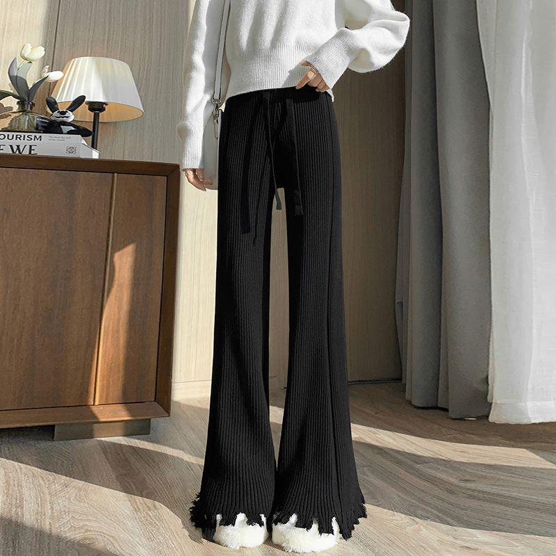 Women's High Waist Micro Flare Tassel Drape Knit Pants - Coffee Color