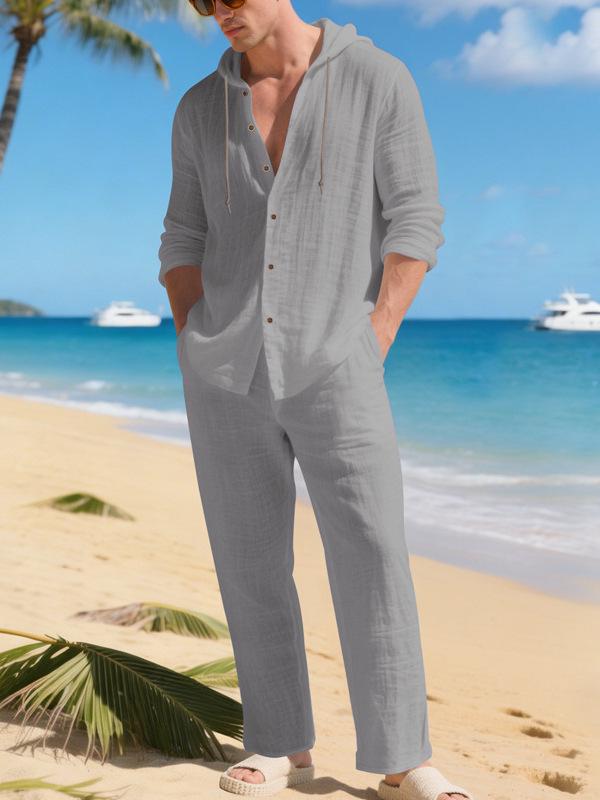 Men's Casual Linen Beach Set: Loose Fit Long Sleeve Hoodie & Pants
