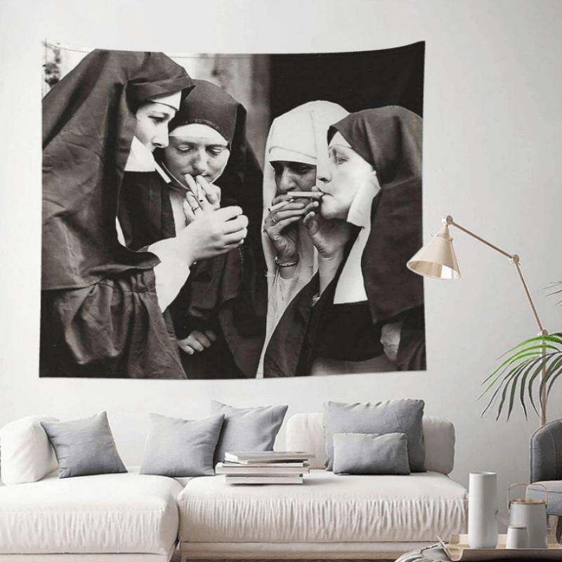 VIKAMA Nuns Smoking Tapestry Black White Vintage Wall Hanging for Bedroom Dorm Bar Decor Retro Art Poster