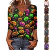 Women's Halloween Print Shirt 3/4 Sleeve Round Neck Loose Fit Casual Blouse Top Comfortable Everyday Wear