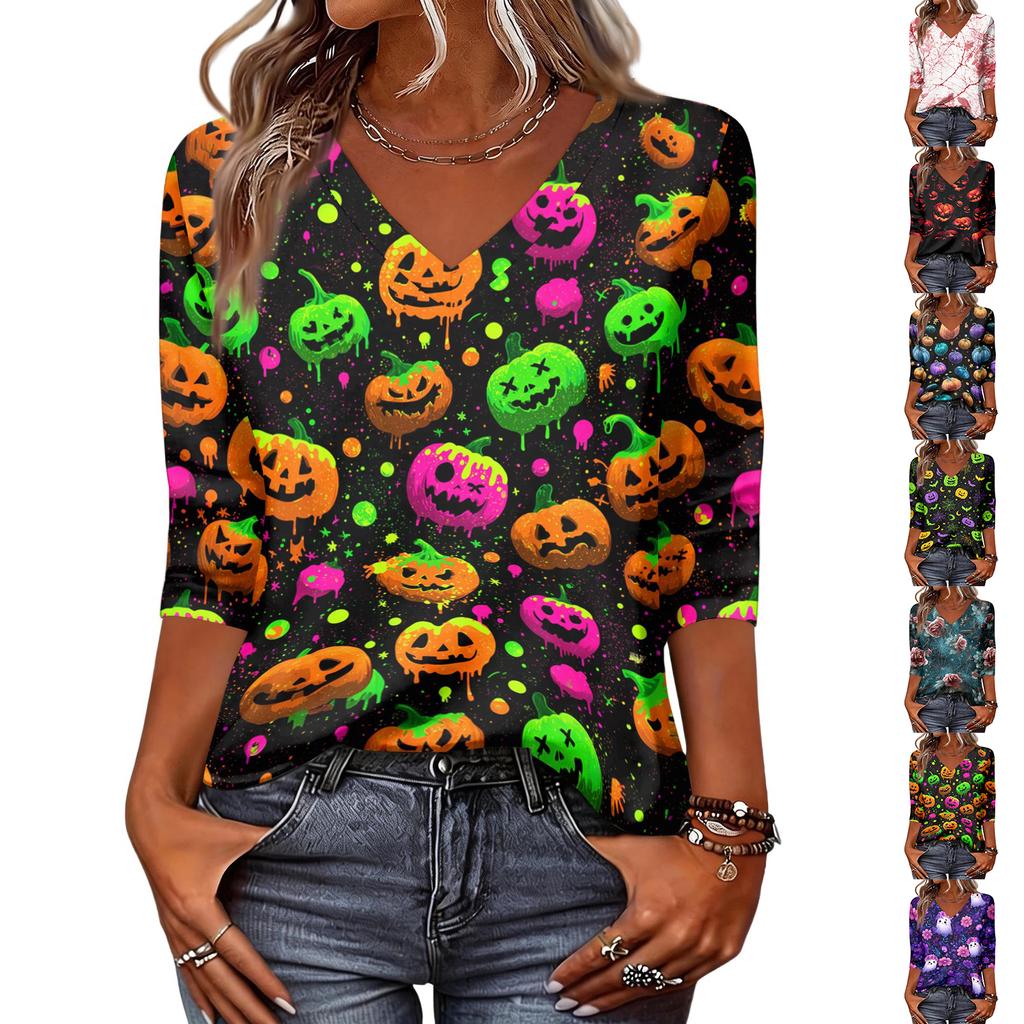 Women's Halloween Print Shirt 3/4 Sleeve Round Neck Loose Fit Casual Blouse Top Comfortable Everyday Wear