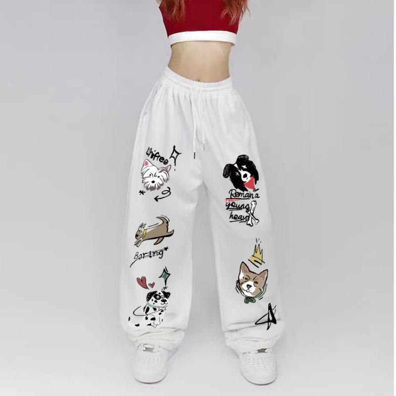 Trendy Women's High-Waist Loose Fit Puppy Casual Sweatpants for Spring & Autumn, Straight Leg American Mop Style.