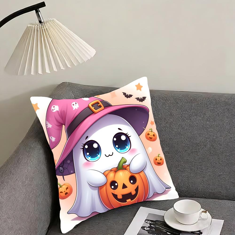 Cute Ghost with Pumpkin Cushion Cover Reversible Plush Pillow Cover – For car, sofa, bedroom, perfect as a gift.
