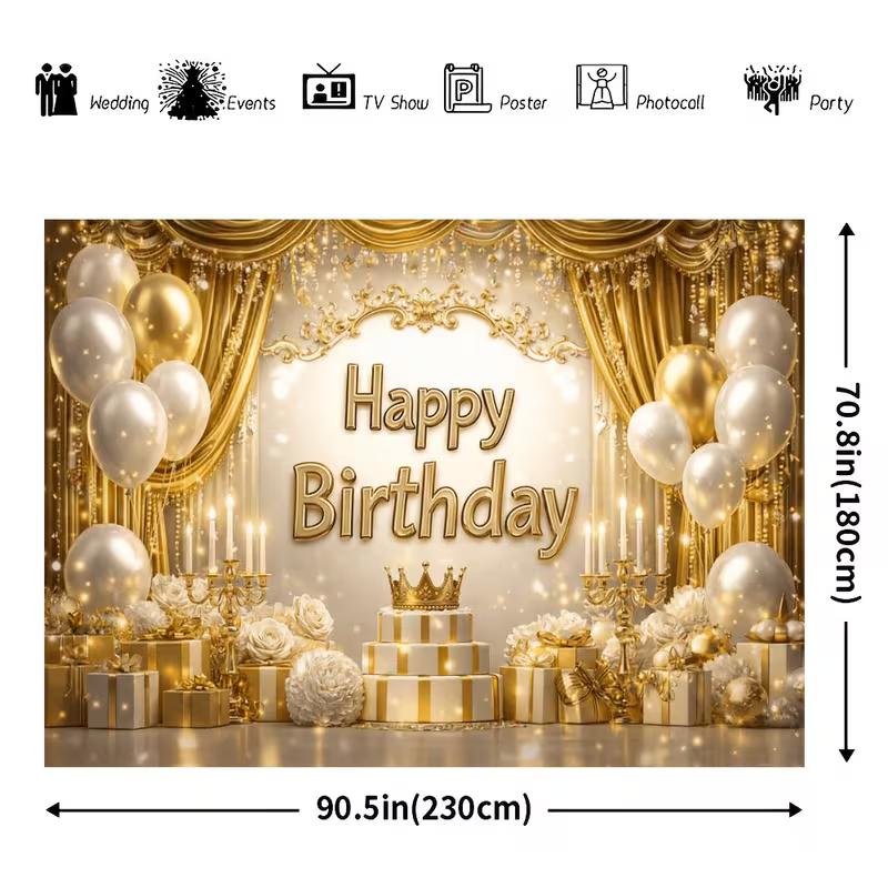 2D Royal Gold Happy Birthday Backdrop Banner Photography Background for Adult Party
