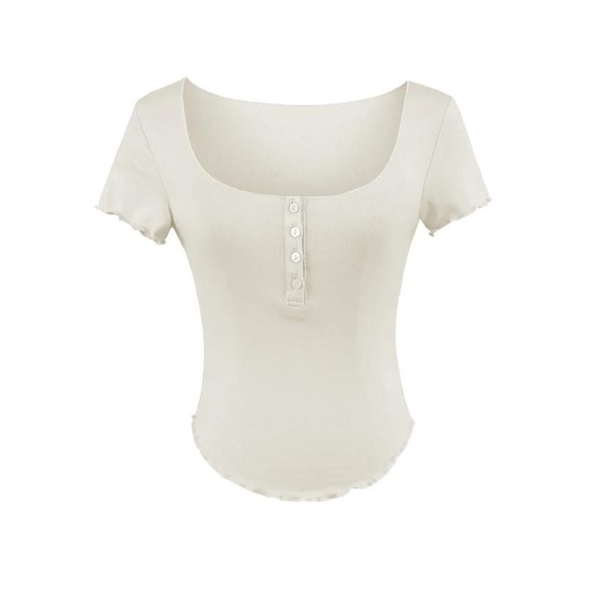 Square collar button short-sleeved T-shirt women's summer new American Spice Girl style slim-fitting curved hem bottoming top