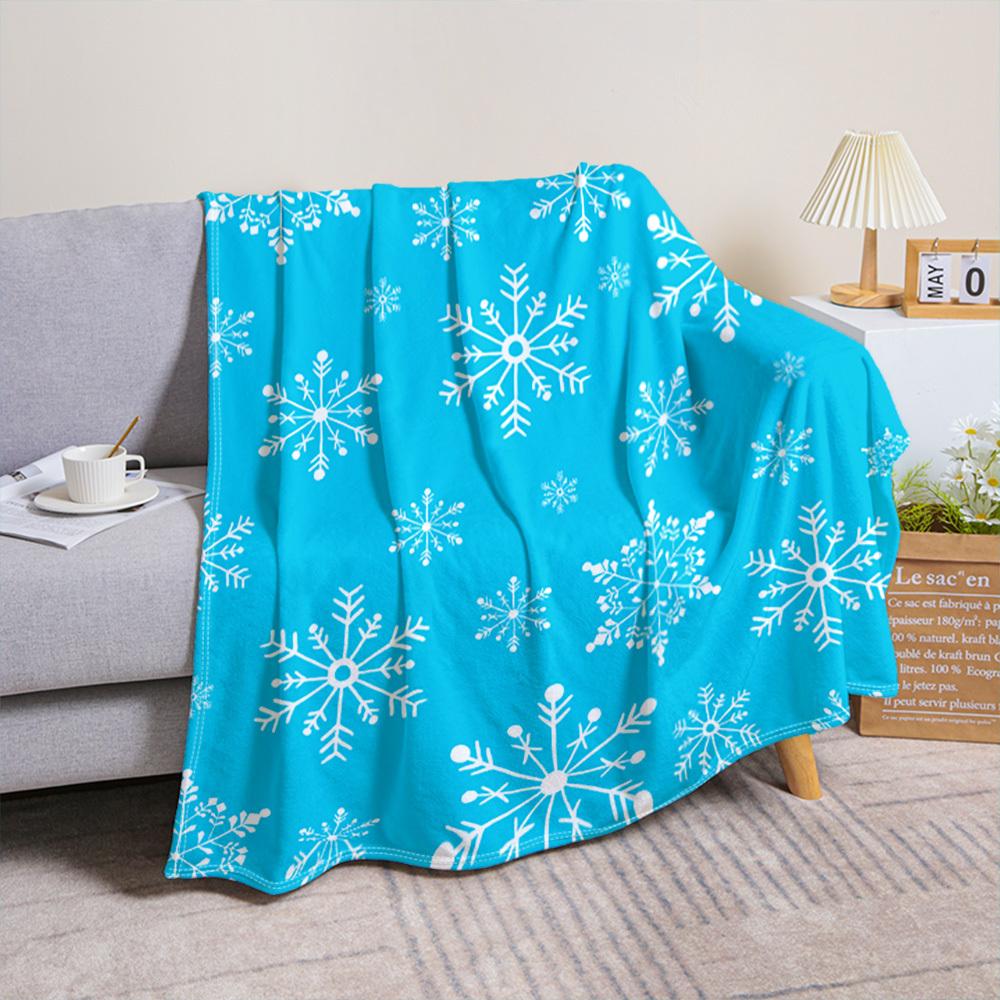 Home Cozy Blue Christmas Blanket with White Snowflake Design - Soft, Warm Polyester Throw for Sofa, Camping, Office Na
