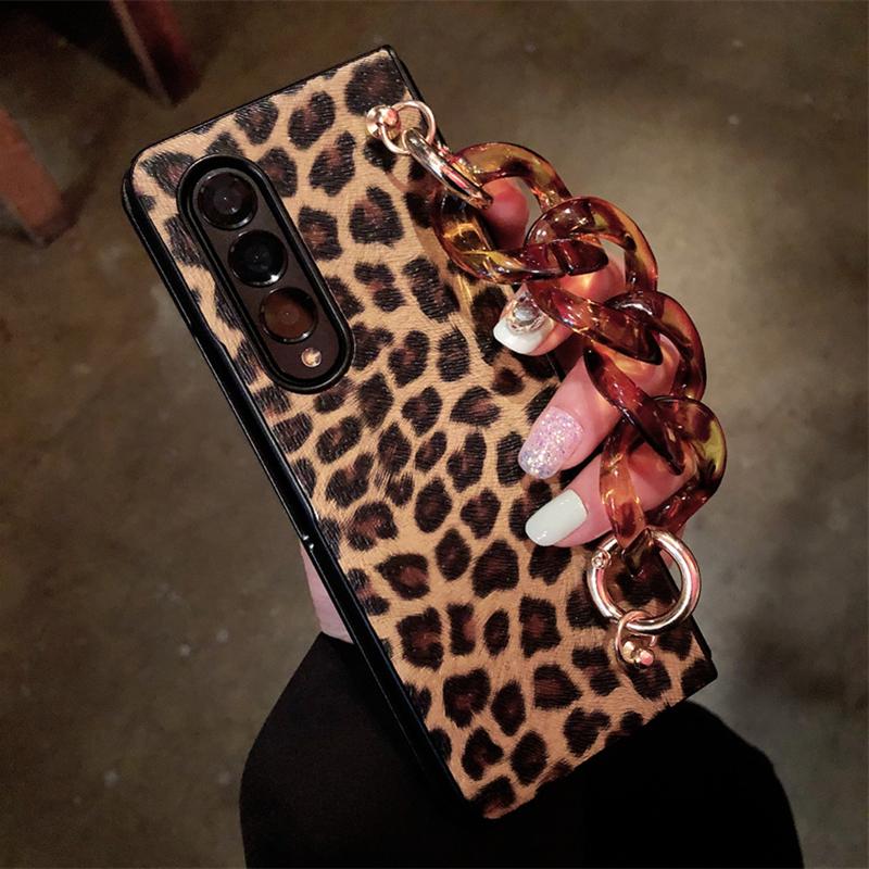 Luxus Leopard Print Pu Leder Telefon Fall Für Samsung Galaxy Z Fold 4 3 5g Abdeckung Mit Handgelenk Strap für Frau Mädchen