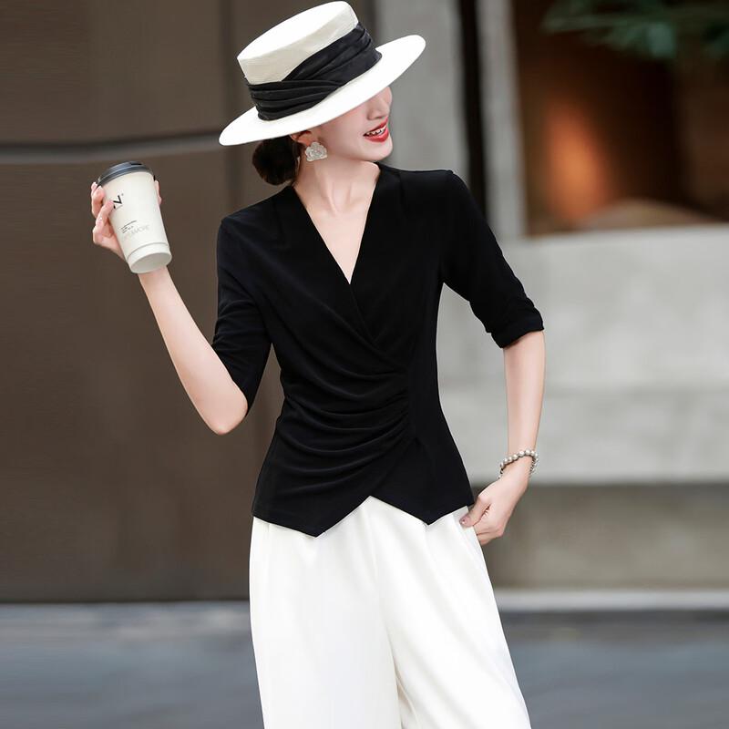 Lanse er Elegant Acetate Pleated V-Neck Blouse S чёрный