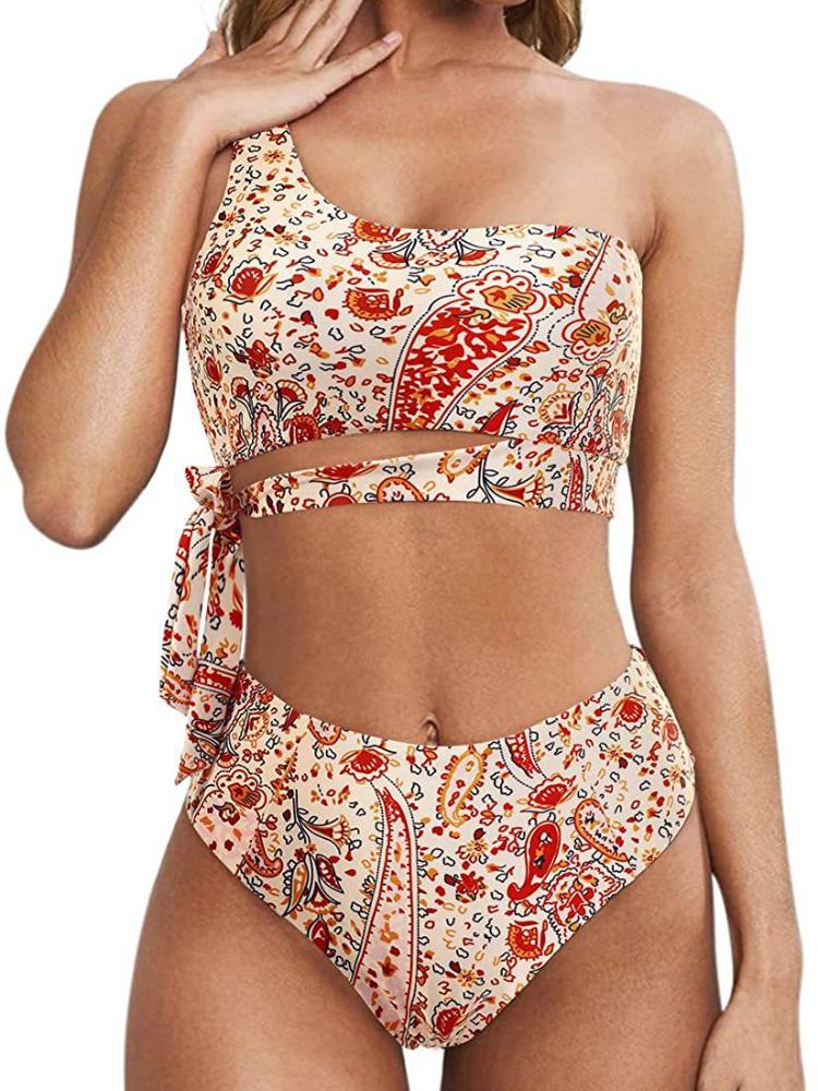Cikini Ein-Schulter-Bikini-Set für Damen, Zweiteiliger Badeanzug, Einfarbige Sommer-Strandbademode, Badeanzug für Damen