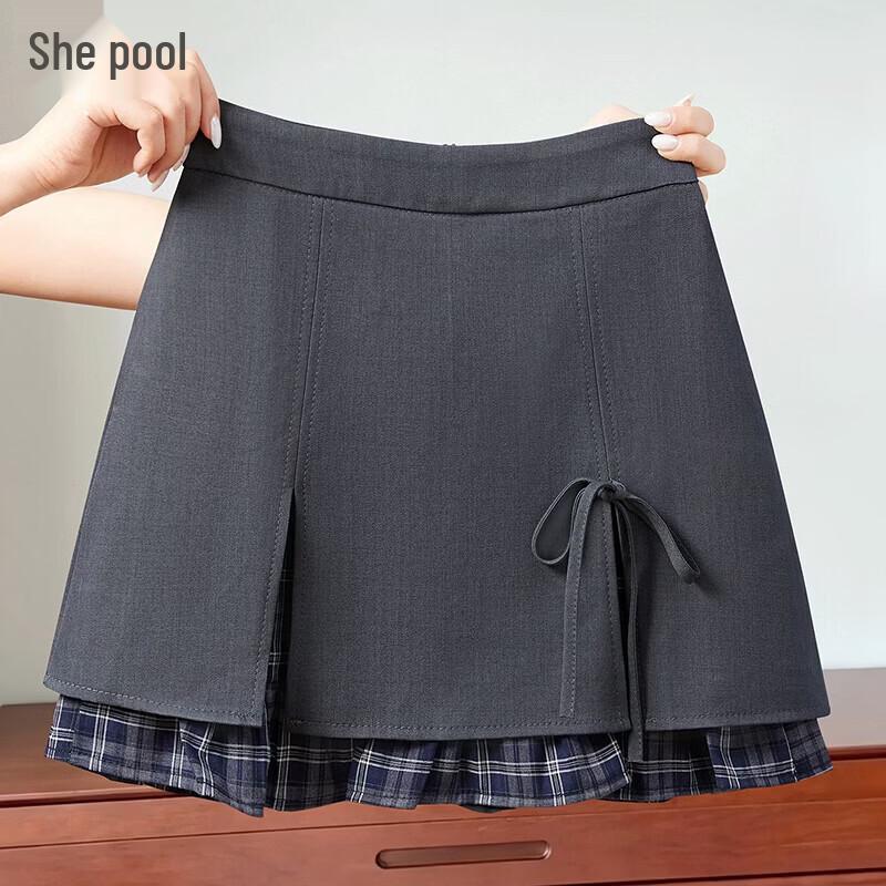 Women s Plaid Patchwork Slit Mini Skirt L
