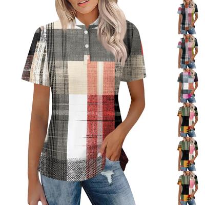 Women Casual Polo Shirt Short Sleeve Loose Fit Button Down Plaid Pattern Lightweight Top for Everyday Wear