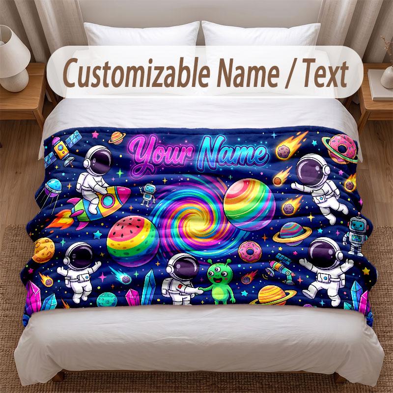 Astronaut Space Theme Soft Blanket Personalized Custom Name Text Print Warm Blanket Home Sofa Bedroom Decor