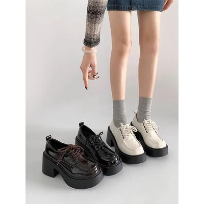 Dikke hoge hakken veters kleine leren schoenen, dames veelzijdig dikke zolen hoogteverhoging, kleine enkele schoenen tonen lange benen