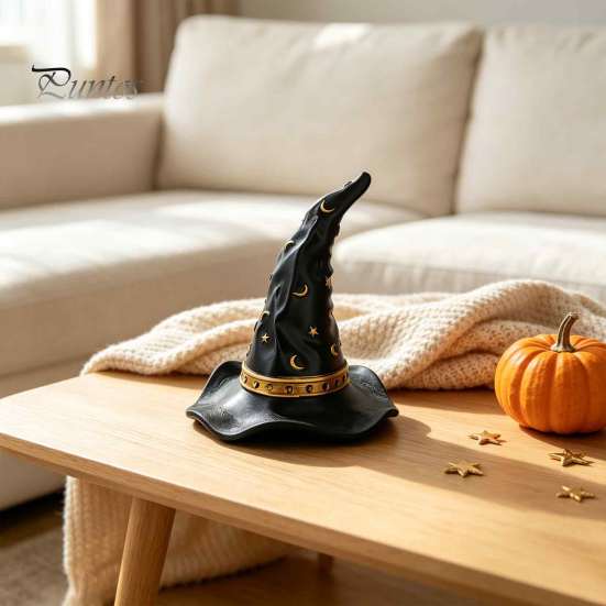 Star Moon Pattern Decor Resin Witch Hat Figurine, Wizard Statue with Festive Party Table Patterns, Gothic Halloween Desktop Ornament for Mantel Indoor