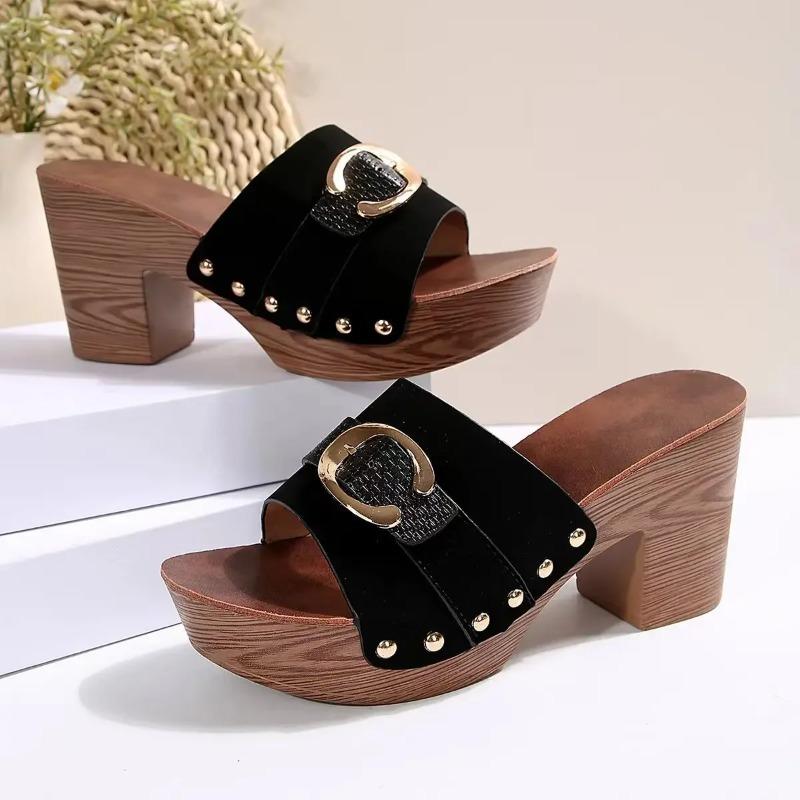 Ciabatte Chunky da Donna Sandali Casual con Borchie Retrò Sandali Estivi Open-Toe con Tacco Alto Ciabatte con Design a Suola in Legno Sandalias Mujer