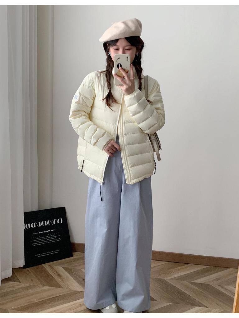 Sweet Style Lightweight White Duck Down Jacket for Women - Winter 2026, Short, Ribbed Sport Inner Lining, Stand Collar.