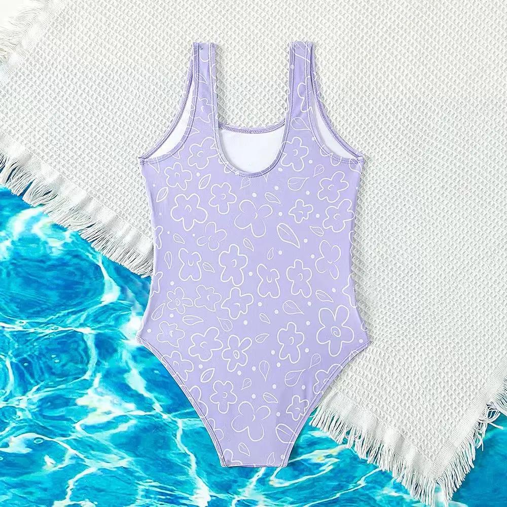 Summer Retro Purple Girls Swimwear One Piece Triangle Vacation Swimsuits Teen Girls Kids Bathing Suit Beachwear