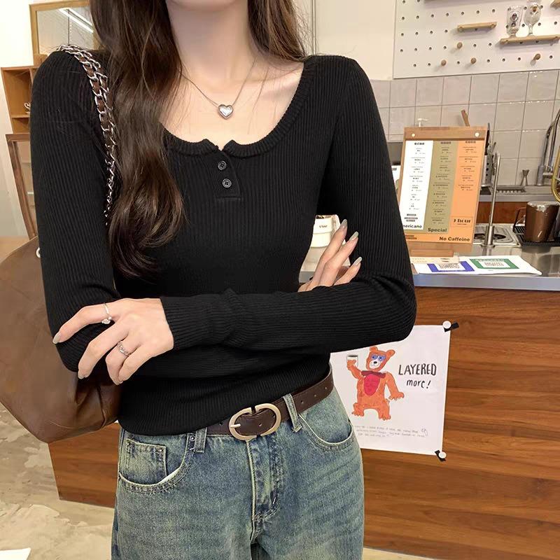 Milk Yellow Threaded Semi-open Neck Slim-fitting Knitted Shirt Women's Autumn and Winter Thin Pit Strip Design Sense Long-sleeved Bottoming Top