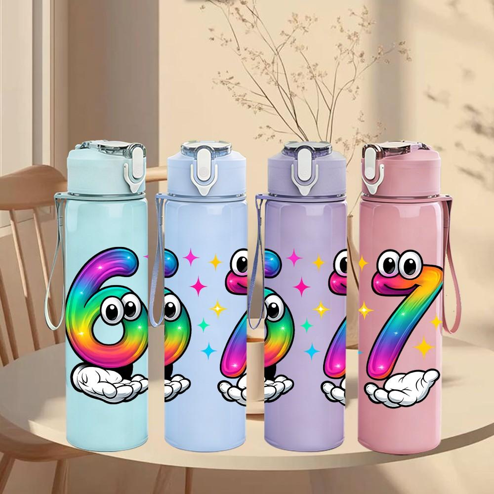 1PC Rainbow Number Six Seven Letter 750ml Color Plastic Sports Water Bottle Leakproof Flip Straw Lid Suitable for Sports Office Home Use