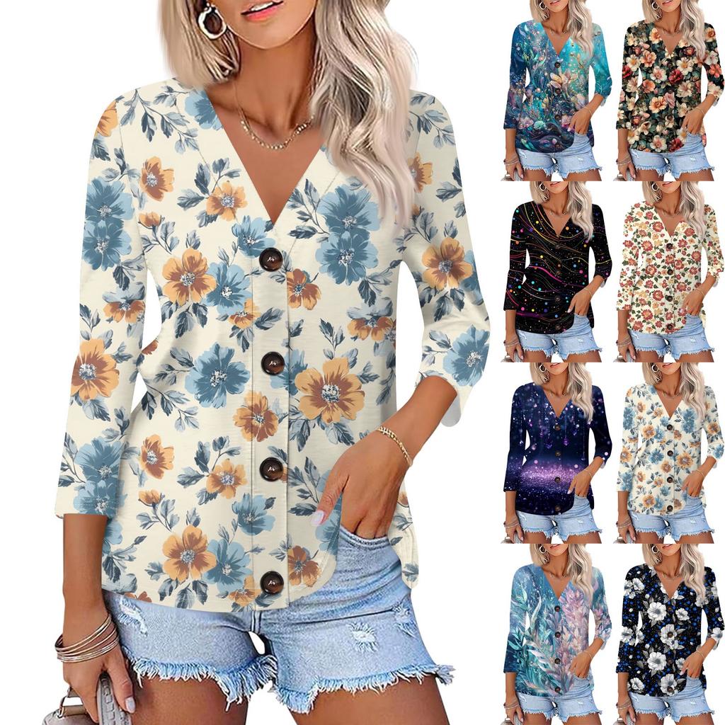 Women's Fashion Casual Print Button-down Shirt 3/4 Long Sleeve Tops
