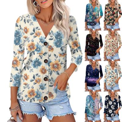 Damenmode Lässiges bedrucktes Button-Down-Hemd 3/4 lange Ärmel Oberteile
