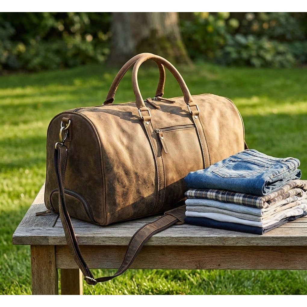 24 Inch Genuine Leather Trolly Duffel Travel Overnight Weekend Leather Bag Sports Gym Duffel Luggage Travel Bag For Men And Women