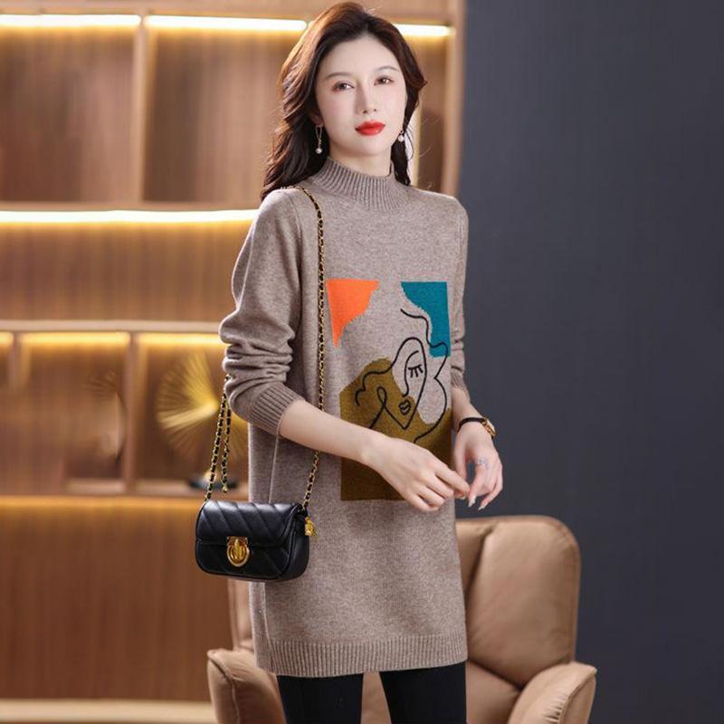 

Платье для женщины Хлопок Зима Тепло Круглый вырез Длинный рукав Винтаж Повседневный С принтом Длинные Трикотажные платья-свитера стрейч 3XL дубильная кора