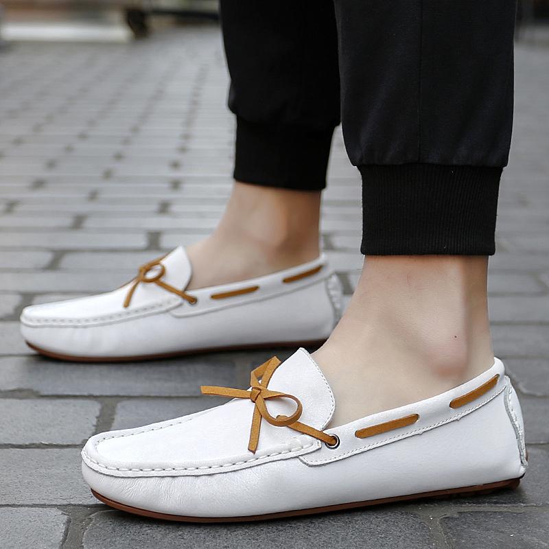Knotbow Men Casual Shoes Luxury Brand Autumn Mens Loafers Leather Man Moccasins Breathable Slip On Flats Driving Shoes White