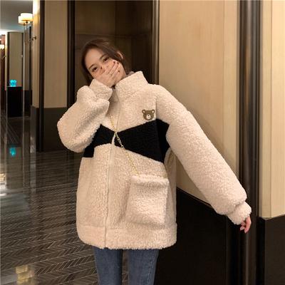Veste d'hiver épaisse à manches longues en fourrure d'agneau pour femmes, ample, avec motif d'ours, manteau en coton adorable avec design color block