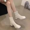 Spliced Block Heel Single Boots Autumn New Square Toe Spliced Zipper Soft Sole Non-Slip Wear-Resistant Single Shoes