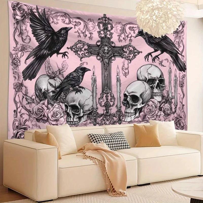 VIKAMA 2026 New Gothic Dark Tapestry  Pink and Black Contrasting Raven and Skull Wall Art  Bedroom Headboard Home Decor Art