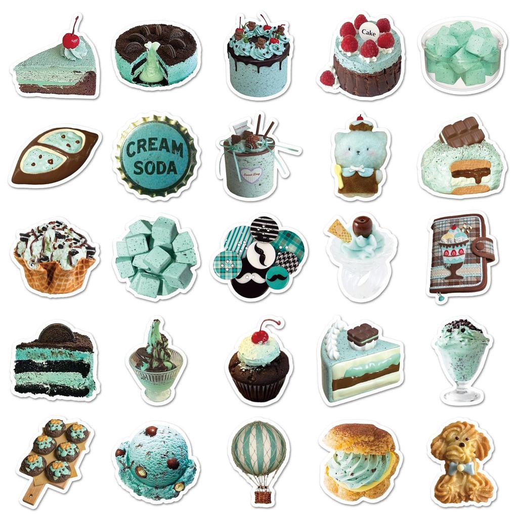50 Cute Waterproof Ins Style Stickers: Blue-Green Cake & Food, Ideal for Stationery & Storage Box Decoration